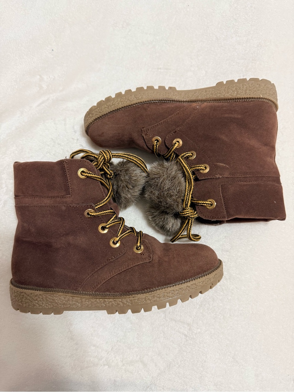 Kids Faux-Suede Brown Lace-Up Winter Boots with Faux Fur Trim